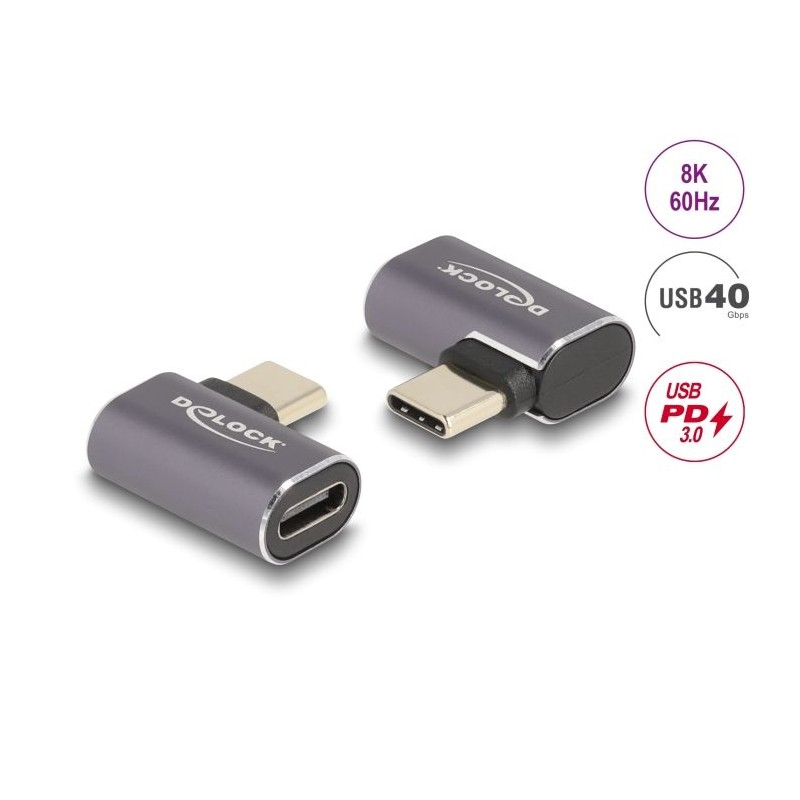 Delock - USB adaptér - 24 pin USB-C (M) levý/pravý úhel do 24 pin USB-C (F) - USB 3.2 / Thunderbolt 3 / DisplayPort 1.4 - 20 V