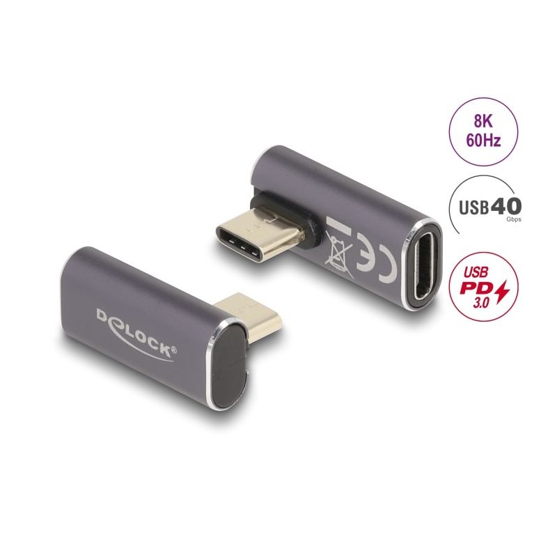 Delock - USB adaptér - 24 pin USB-C (M) levoúhlé do 24 pin USB-C (F) - USB 3.2 Gen 2 / DisplayPort 1.4 /Thunderbolt 3 - 20 V