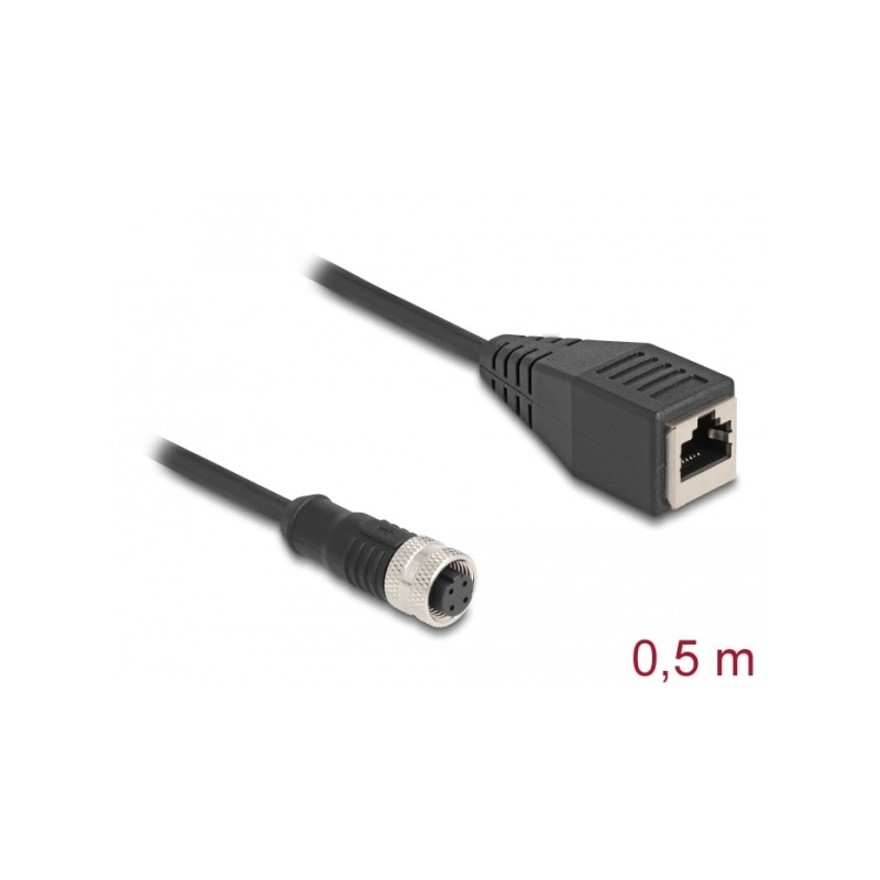 Delock - Sítový kabel - 4 piny M12 (F) do RJ-45 (F) - 50 cm - 5 mm - S/FTP - CAT 5e - IP67 - cerná