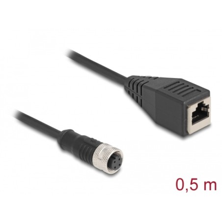 Delock - Sítový kabel - 4 piny M12 (F) do RJ-45 (F) - 50 cm - 5 mm - S/FTP - CAT 5e - IP67 - cerná