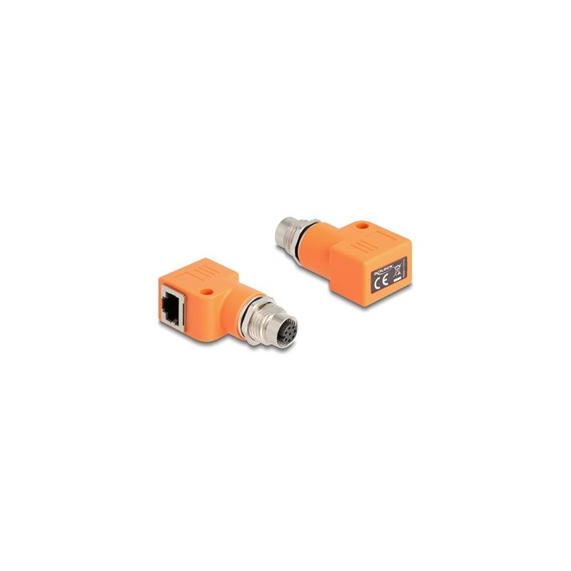 Delock - Sítový adaptér - 8pinový M12-A (F) do RJ-45 (F) pravoúhlý - STP - CAT 5e - oranžová