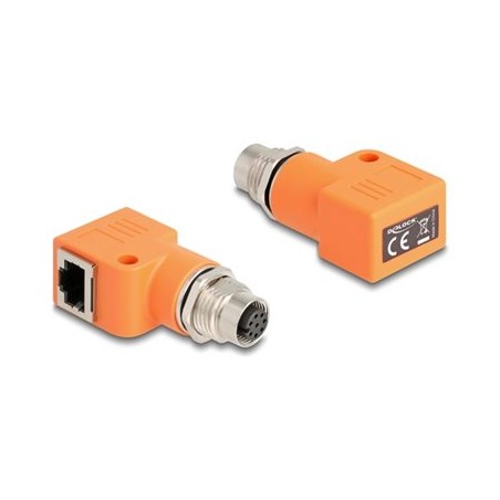 Delock - Sítový adaptér - 8pinový M12-A (F) do RJ-45 (F) pravoúhlý - STP - CAT 5e - oranžová