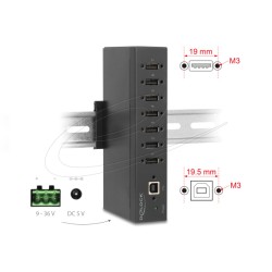 Delock - Rozbocovac - prumyslový, s ochranou ESD 15kV - 7 x USB 2.0 - lze montovat na konzolu DIN, pro pripevnení na zed