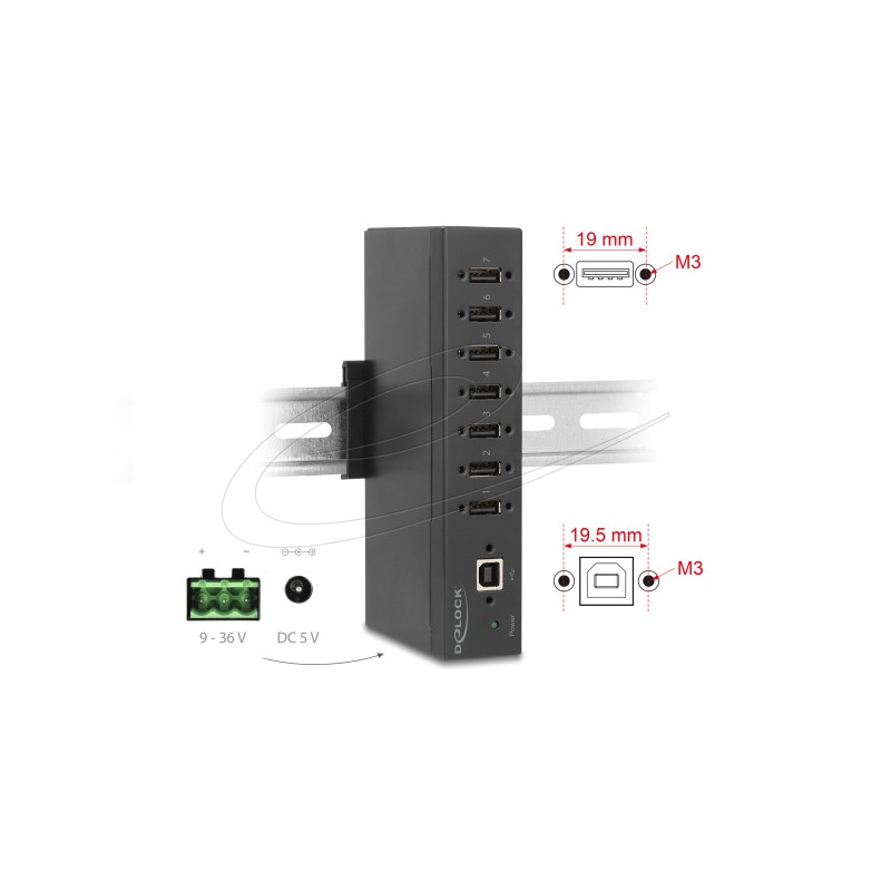 Delock - Rozbocovac - prumyslový, s ochranou ESD 15kV - 7 x USB 2.0 - lze montovat na konzolu DIN, pro pripevnení na zed