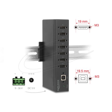 Delock - Rozbocovac - prumyslový, s ochranou ESD 15kV - 7 x USB 2.0 - lze montovat na konzolu DIN, pro pripevnení na zed