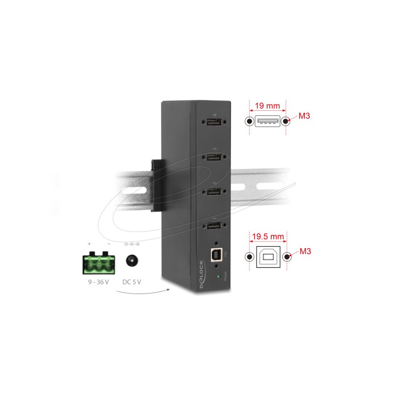 Delock - Rozbocovac - s ochranou proti ESD 15 kV - 4 x USB 2.0 - lze montovat na konzolu DIN, pro pripevnení na zed