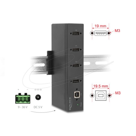 Delock - Rozbocovac - s ochranou proti ESD 15 kV - 4 x USB 2.0 - lze montovat na konzolu DIN, pro pripevnení na zed