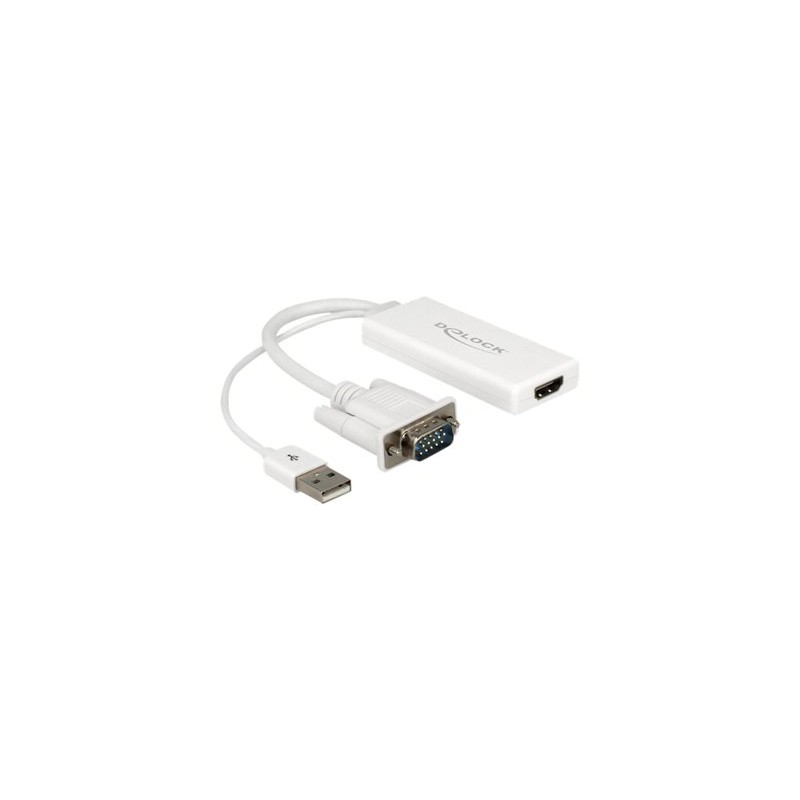 Delock - Video / audio adaptér - USB, 15 pin D-Sub (DB-15) s piny (male) do HDMI se zdířkami (female) - 25 cm - bílá