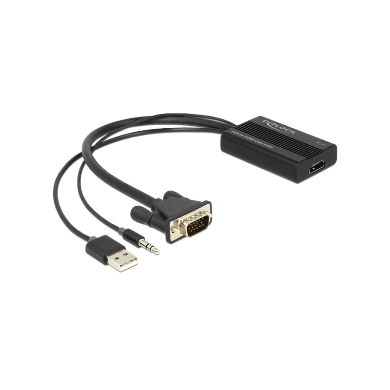 Delock VGA to HDMI Adapter with Audio - Video / audio adaptér - 15 pin D-Sub (DB-15), mini jack, USB (pouze napájení) s piny