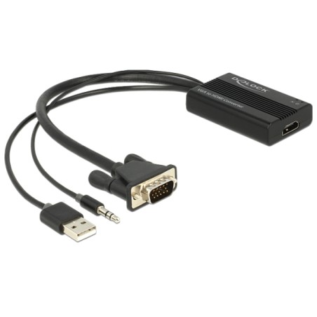 Delock VGA to HDMI Adapter with Audio - Video / audio adaptér - 15 pin D-Sub (DB-15), mini jack, USB (pouze napájení) s piny