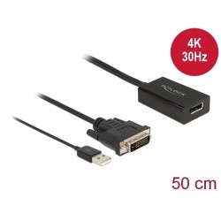 Delock - Kabel adaptéru - DVI-D, USB (pouze napájení) (M) do DisplayPort (F) - DisplayPort 1.2 - 50 cm - podpora 4K30Hz - černá