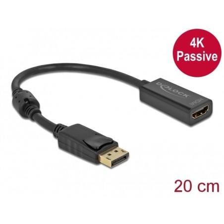 Delock - Video adaptér - DisplayPort s piny (male) s jazýčkem do HDMI se zdířkami (female) - 20 cm - černá - pasivní, podpora