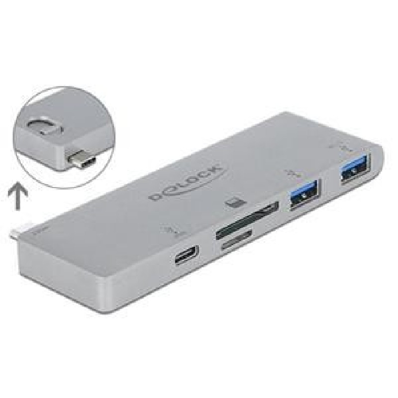 Delock 3 Port Hub and 2 Slot Card Reader for MacBook with PD 3.0 and retractable USB Type-C Connection - Rozbočovač - 2 x USB