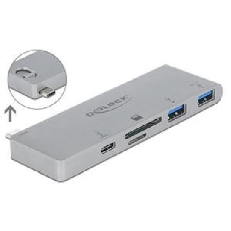Delock 3 Port Hub and 2 Slot Card Reader for MacBook with PD 3.0 and retractable USB Type-C Connection - Rozbočovač - 2 x USB
