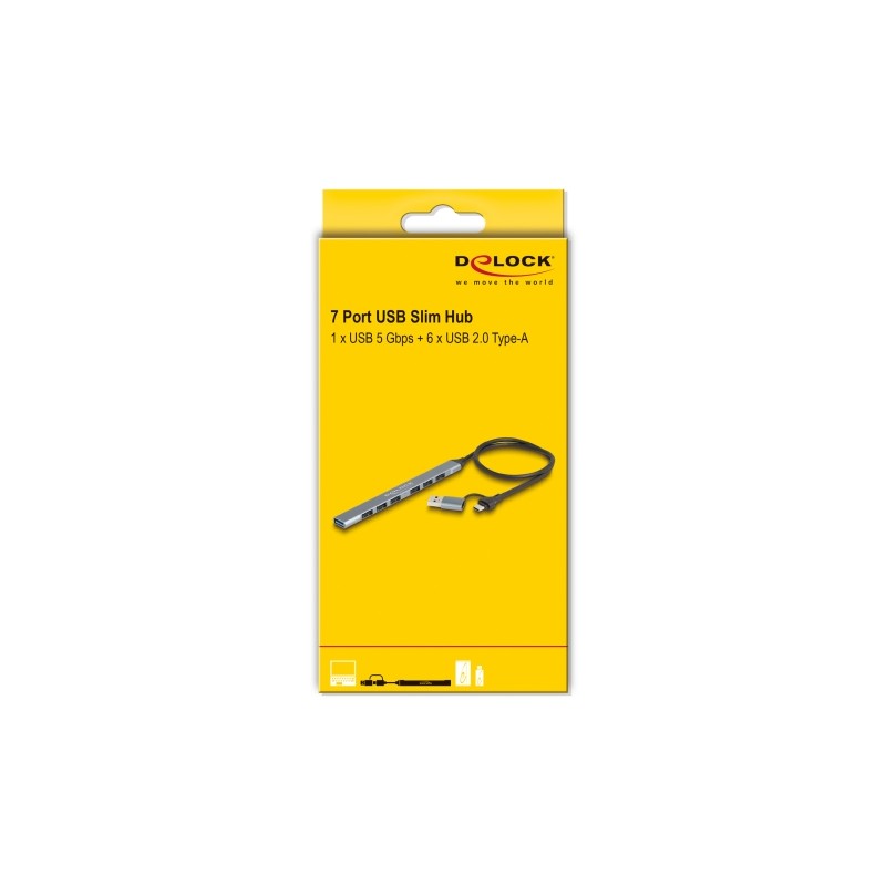 Delock - Rozbocovac - tenký, s USB typu C nebo USB typu A, 1 x USB 5 Gbps - 1 x USB + 6 x USB 2.0 - desktop