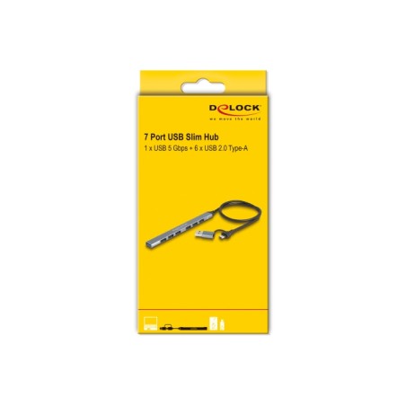 Delock - Rozbocovac - tenký, s USB typu C nebo USB typu A, 1 x USB 5 Gbps - 1 x USB + 6 x USB 2.0 - desktop