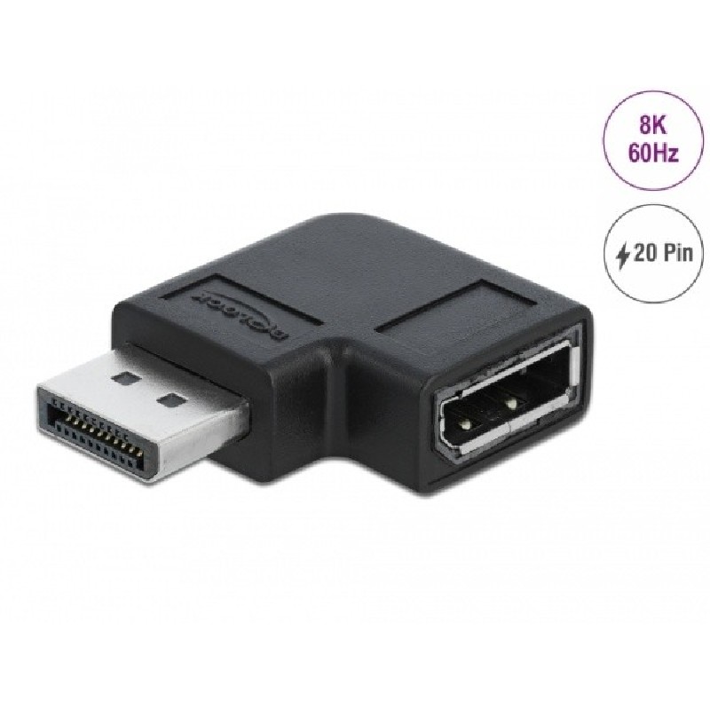 Delock - Adaptér DisplayPort - DisplayPort (M) levý úhel do DisplayPort (F) - DisplayPort 1.4 - 3.3 V - podpora 8K UHD (7680 x