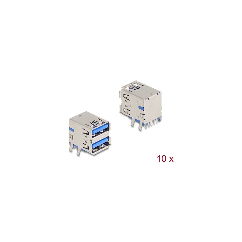 Delock - Konektor USB - 2 x 9 pin USB Type A (F) 90° PCB - 30 V - 1.8 A (balení 10)