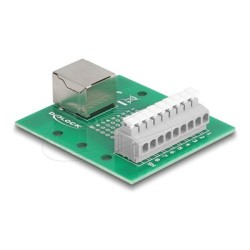 Delock - Sítový adaptér - RJ-45 (F) do svorkovnice s 9 piny - montáž na DIN lištu, tlacítko, roztec 3,81 mm, prirazení pi… 66992