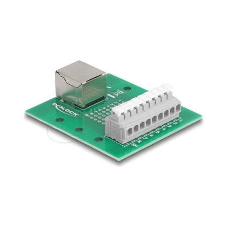 Delock - Sítový adaptér - RJ-45 (F) do svorkovnice s 9 piny - montáž na DIN lištu, tlacítko, roztec 3,81 mm, prirazení pi… 66992