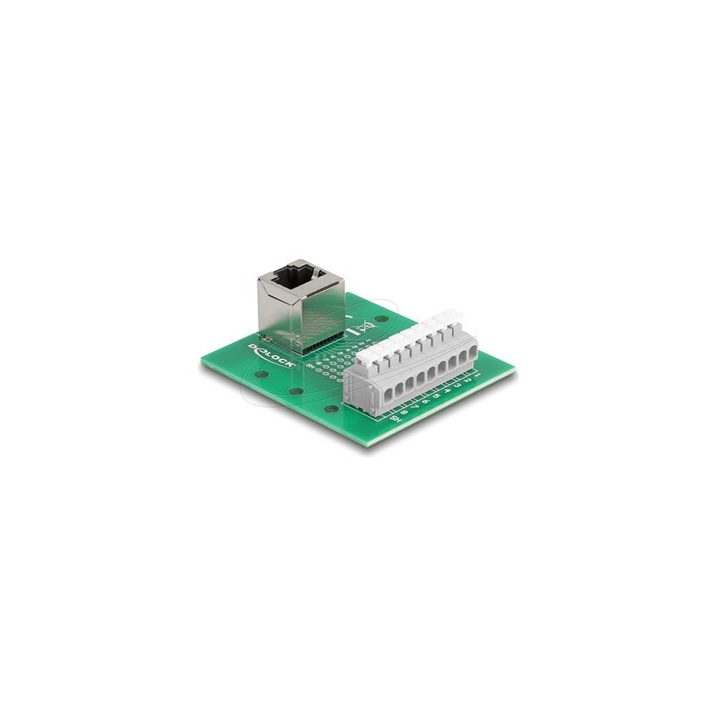 Delock - Sítový adaptér - RJ-45 (F) úhlový do svorkovnice s 9 piny - montáž na DIN lištu, tlacítko, roztec 3,81 mm, prira… 66993