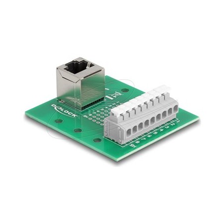 Delock - Sítový adaptér - RJ-45 (F) úhlový do svorkovnice s 9 piny - montáž na DIN lištu, tlacítko, roztec 3,81 mm, prira… 66993
