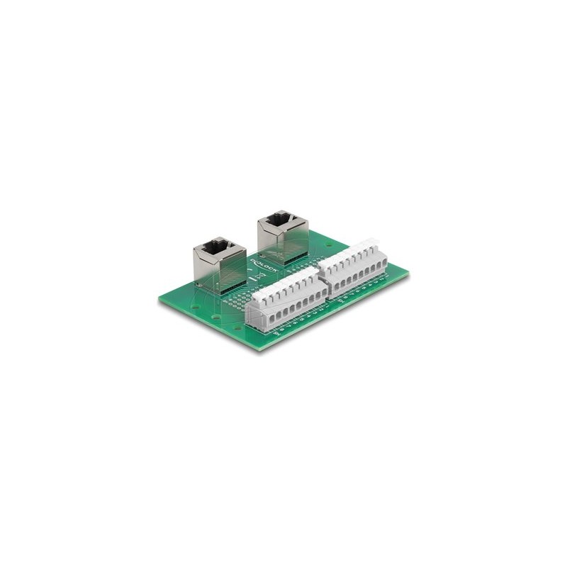 Delock - Sítový adaptér - RJ-45 (F) úhlový do svorkovnice s 9 piny - montáž na DIN lištu, tlacítko, roztec 3,81 mm, prira… 66995