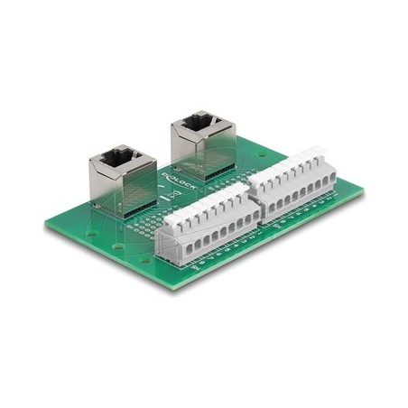 Delock - Sítový adaptér - RJ-45 (F) úhlový do svorkovnice s 9 piny - montáž na DIN lištu, tlacítko, roztec 3,81 mm, prira… 66995