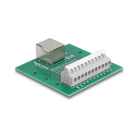 Delock - Sítový adaptér - RJ-50 (F) do 11pinový terminální blok - montáž na DIN lištu, tlacítko, roztec 3,81 mm, prirazen… 67012
