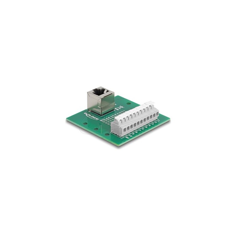 Delock - Sítový adaptér - RJ-50 (F) úhlový do 11pinový terminální blok - montáž na DIN lištu, tlacítko, roztec 3,81 mm, p… 67013