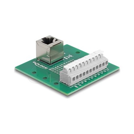 Delock - Sítový adaptér - RJ-50 (F) úhlový do 11pinový terminální blok - montáž na DIN lištu, tlacítko, roztec 3,81 mm, p… 67013