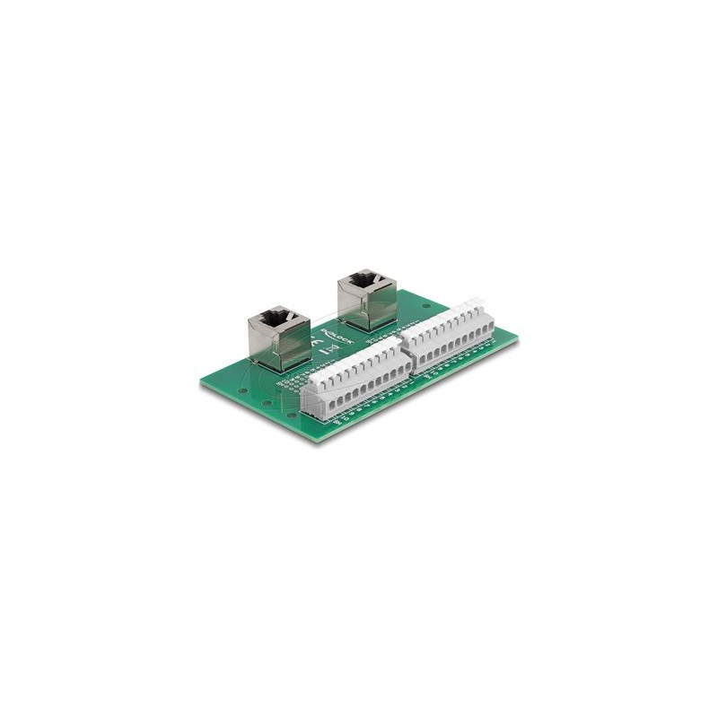 Delock - Sítový adaptér - RJ-50 (F) úhlový do 11pinový terminální blok - montáž na DIN lištu, tlacítko, roztec 3,81 mm, p… 67015