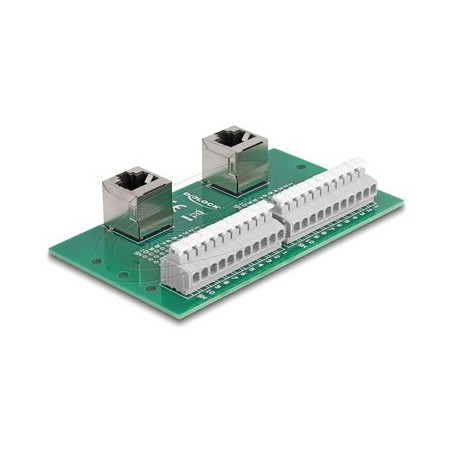 Delock - Sítový adaptér - RJ-50 (F) úhlový do 11pinový terminální blok - montáž na DIN lištu, tlacítko, roztec 3,81 mm, p… 67015