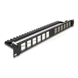 Delock - Patch panel (záslepný) - úhlový, s odlehcením tahu - montáž do racku - cerná - 1U - 19" - 24 porty