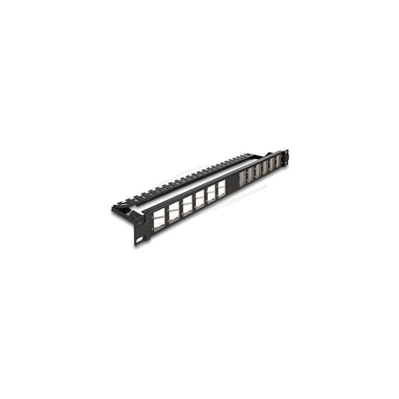 Delock - Patch panel (záslepný) - úhlový, s odlehcením tahu - montáž do racku - cerná - 1U - 19" - 24 porty
