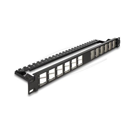 Delock - Patch panel (záslepný) - úhlový, s odlehcením tahu - montáž do racku - cerná - 1U - 19" - 24 porty