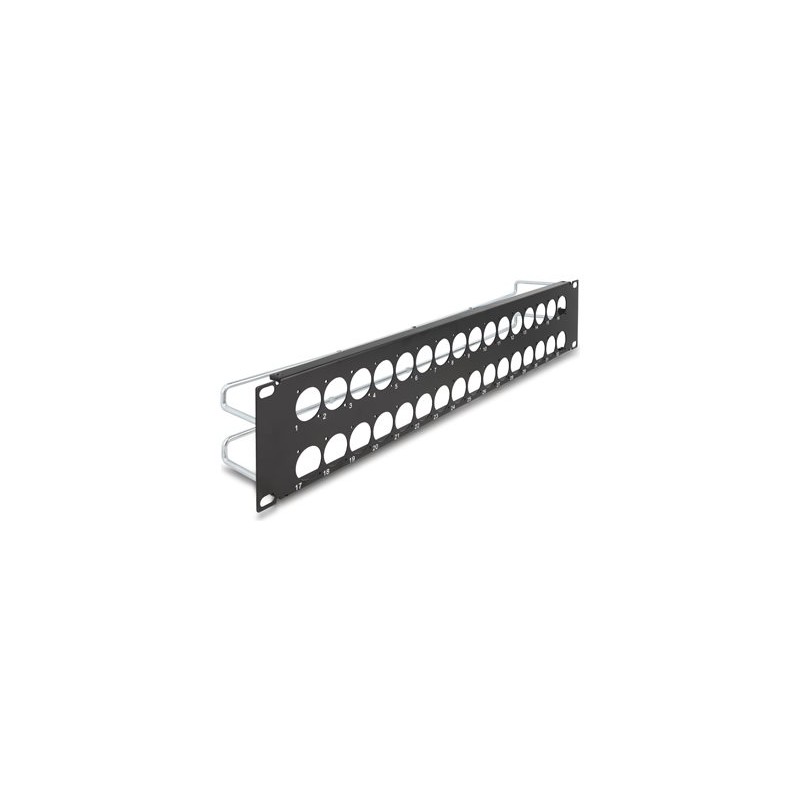 Delock - Patch panel (záslepný) - D-typ, odlehcení napetí - montáž do racku - cerná - 2U - 19" - 32 porty