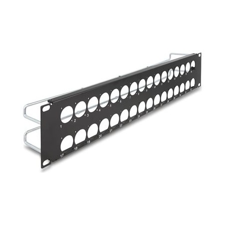 Delock - Patch panel (záslepný) - D-typ, odlehcení napetí - montáž do racku - cerná - 2U - 19" - 32 porty
