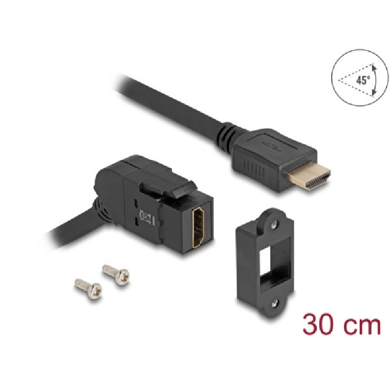Delock - Prodlužovací kabel HDMI - HDMI se zdírkami (female) úhel, montovatelný na panel do HDMI s piny (male) - 30 cm - cerná