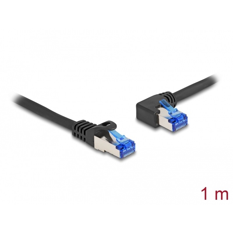 Delock - Sítový kabel - RJ-45 (M) rovné do RJ-45 (M) levoúhlé - 1 m - 6 mm - S/FTP - CAT 6a - neobsahuje halogen, provedení bez