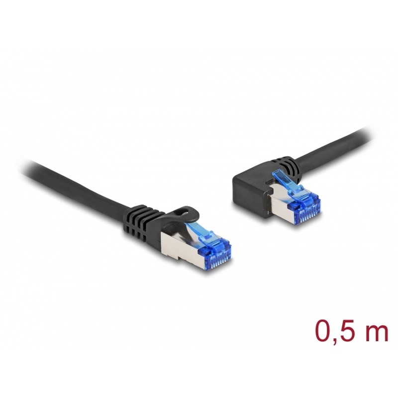 Delock - Sítový kabel - RJ-45 (M) rovné do RJ-45 (M) levý úhel - 50 cm - 6 mm - S/FTP - CAT 6a - neobsahuje halogen, provedení