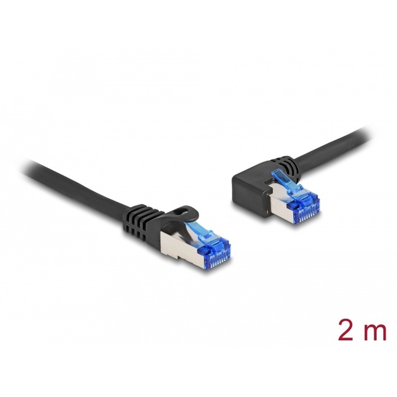 Delock - Patch kabel - RJ-45 (M) rovné do RJ-45 (M) levoúhlé - 2 m - 6 mm - S/FTP - CAT 6a - bootovaný, neobsahuje halogen
