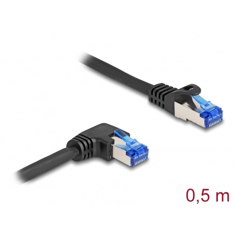 Delock - Sítový kabel - RJ-45 (M) rovné do RJ-45 (M) pravoúhlý - 50 cm - 6 mm - S/FTP - CAT 6a - neobsahuje halogen, provedení