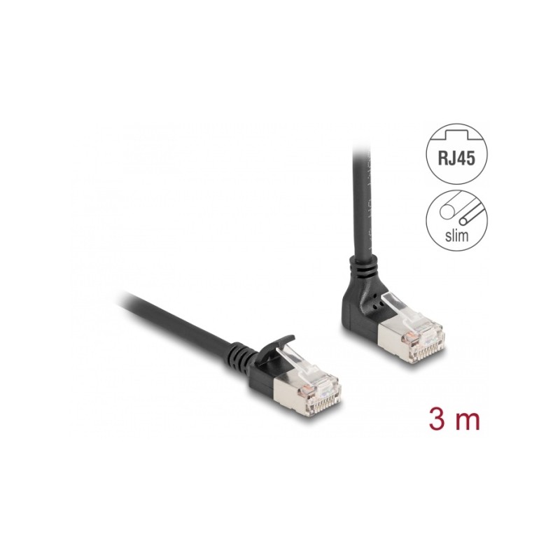 Delock - Sítový kabel - RJ-45 (M) zahnutý nahoru do RJ-45 (M) rovné - 3 m - 4.5 mm - S/FTP - CAT 6a - bootovaný, neobsahuje