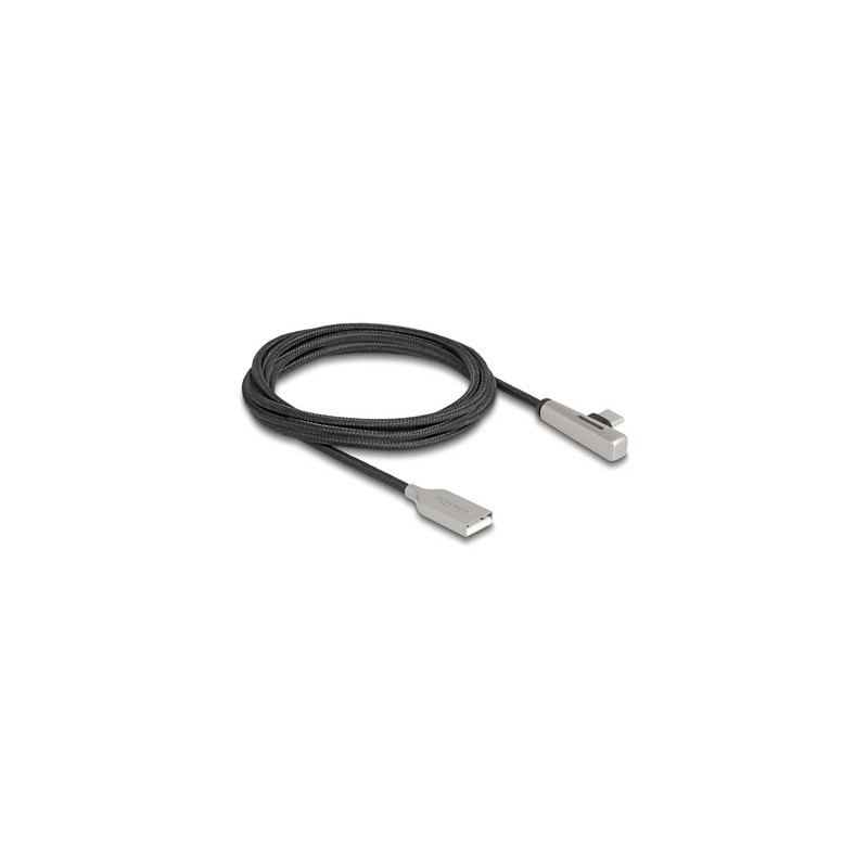 Delock - USB kabel - USB (M) do 24 pin USB-C (M) úhlový - USB 2.0 - 20 V - 3 A - 2 m - Rychlé nabíjení až 60W - cerná, stríbrná