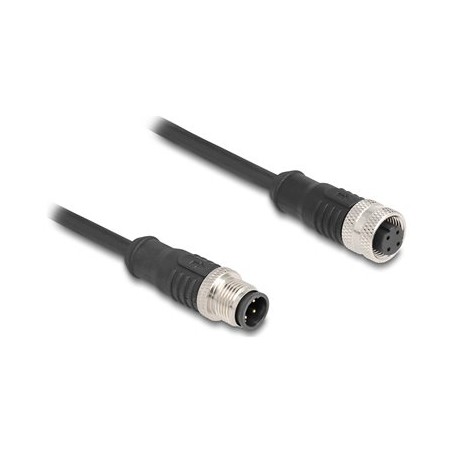Delock - Sítový prodlužovací kabel - 4 piny M12-D (M) do 4 piny M12-D (F) - 5 m - 5 mm - S/FTP - CAT 5e - cerná