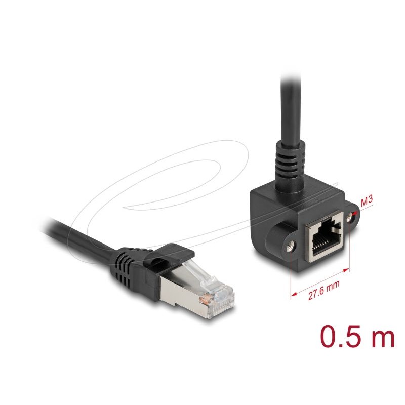 Delock - Sítový prodlužovací kabel - RJ-45 (M) do RJ-45 (F) úhlový, šroubovatelný - 0.5 m - 6 mm - stínená kroucená dvoulinka