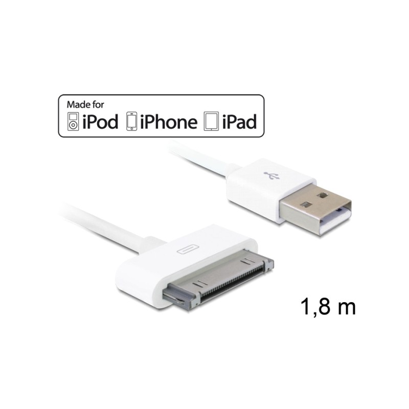 Delock - Nabíjecí / datový kabel - Apple Dock s piny (male) do USB s piny (male) - 1.8 m - bílá - pro Apple iPad/iPhone/iPod