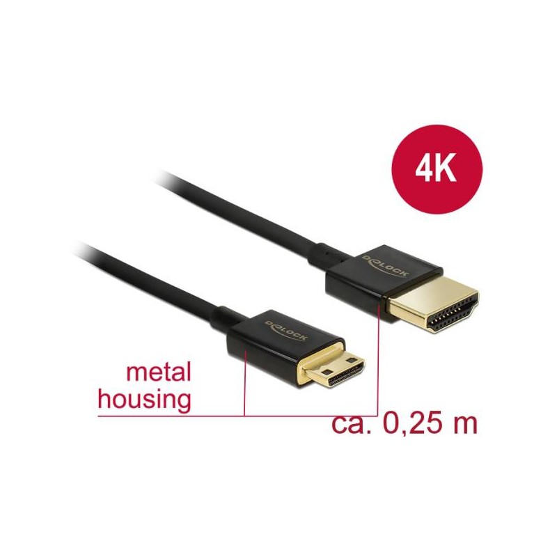 Delock Slim High Quality - Kabel HDMI s ethernetem - 19 pin mini HDMI Type C s piny (male) do HDMI s piny (male) - 25 cm