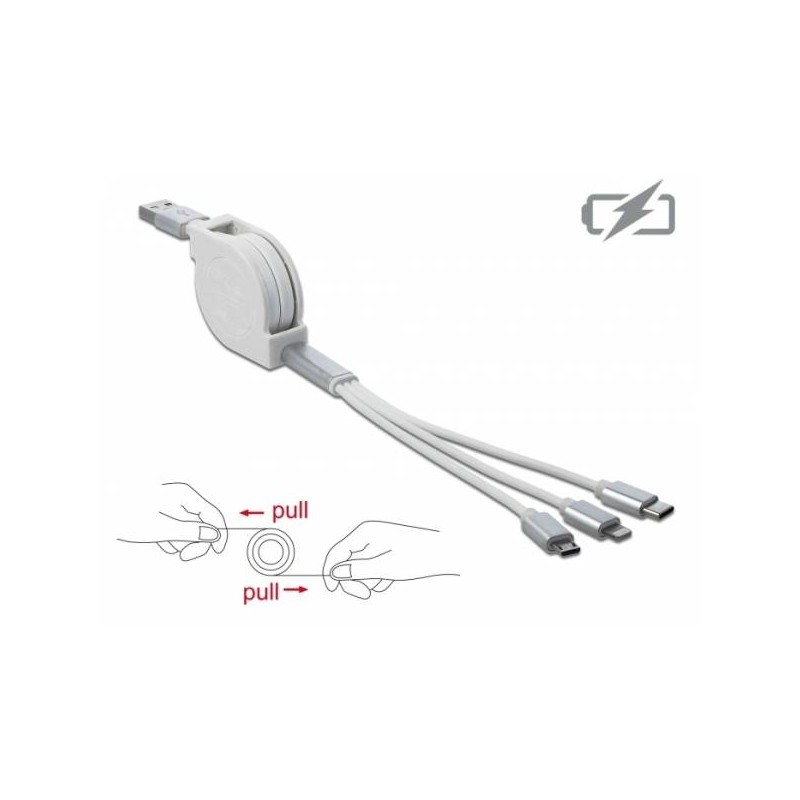 Delock - Kabel Lightning - USB s piny (male) do Micro USB typ B, Lightning, USB-C s piny (male) - 98 cm - bílá - vysunutelný
